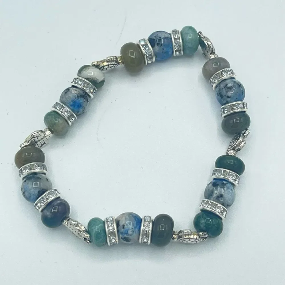Sea Turtle India agate K2 beaded stretch bracelet ONE NEW crystal reiki yoga med